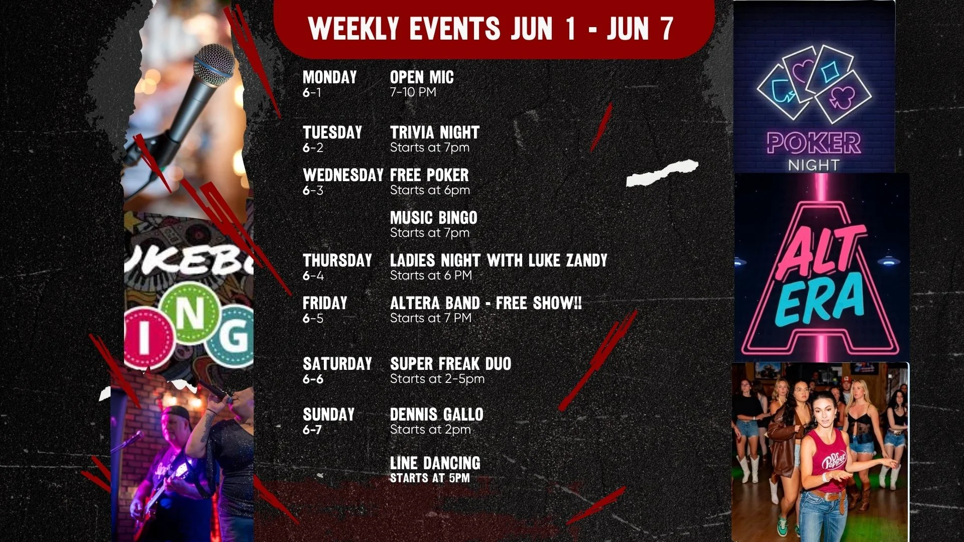 Weekly events schedule at a lively bar with music and games