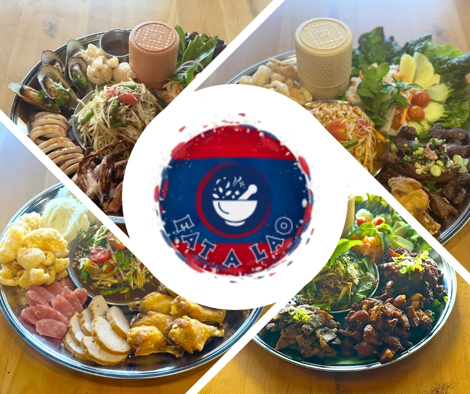 Lao-style sharing platter with grilled meats and fresh vegetables