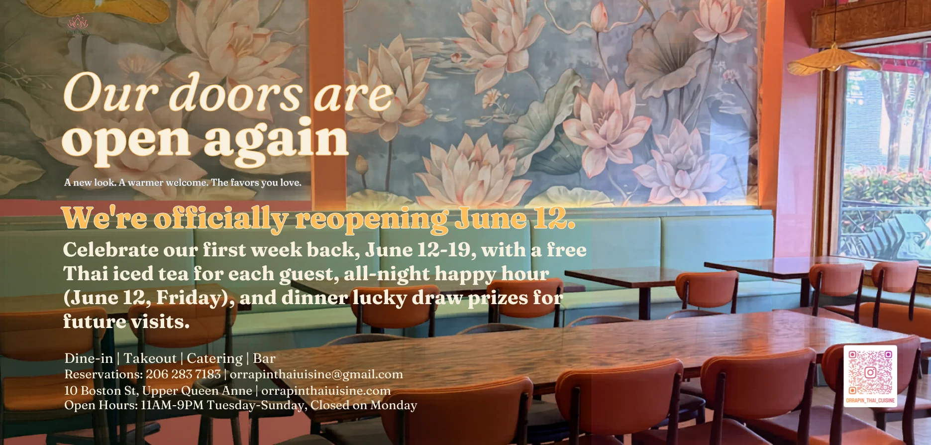 Welcoming restaurant interior with floral mural and cozy seating