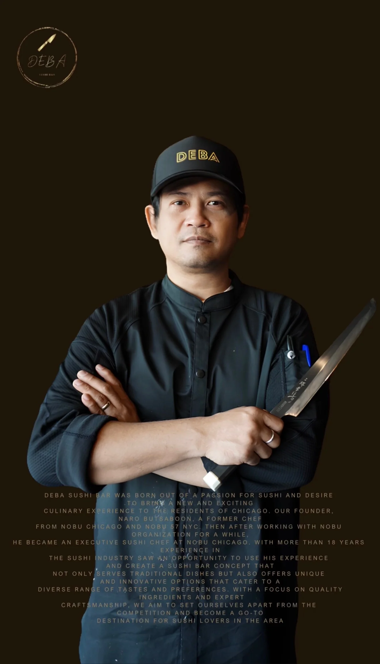Chef at DEBA Sushi Bar holding a sushi knife, showcasing culinary expertise.