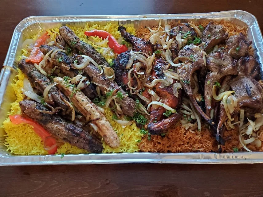 Mixed grill platter with saffron rice and grilled meats