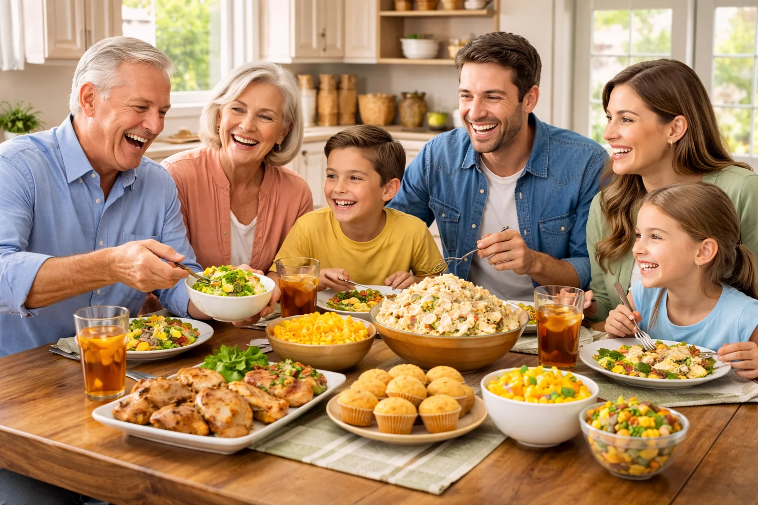 Family enjoying a hearty meal with various dishes at a dining table