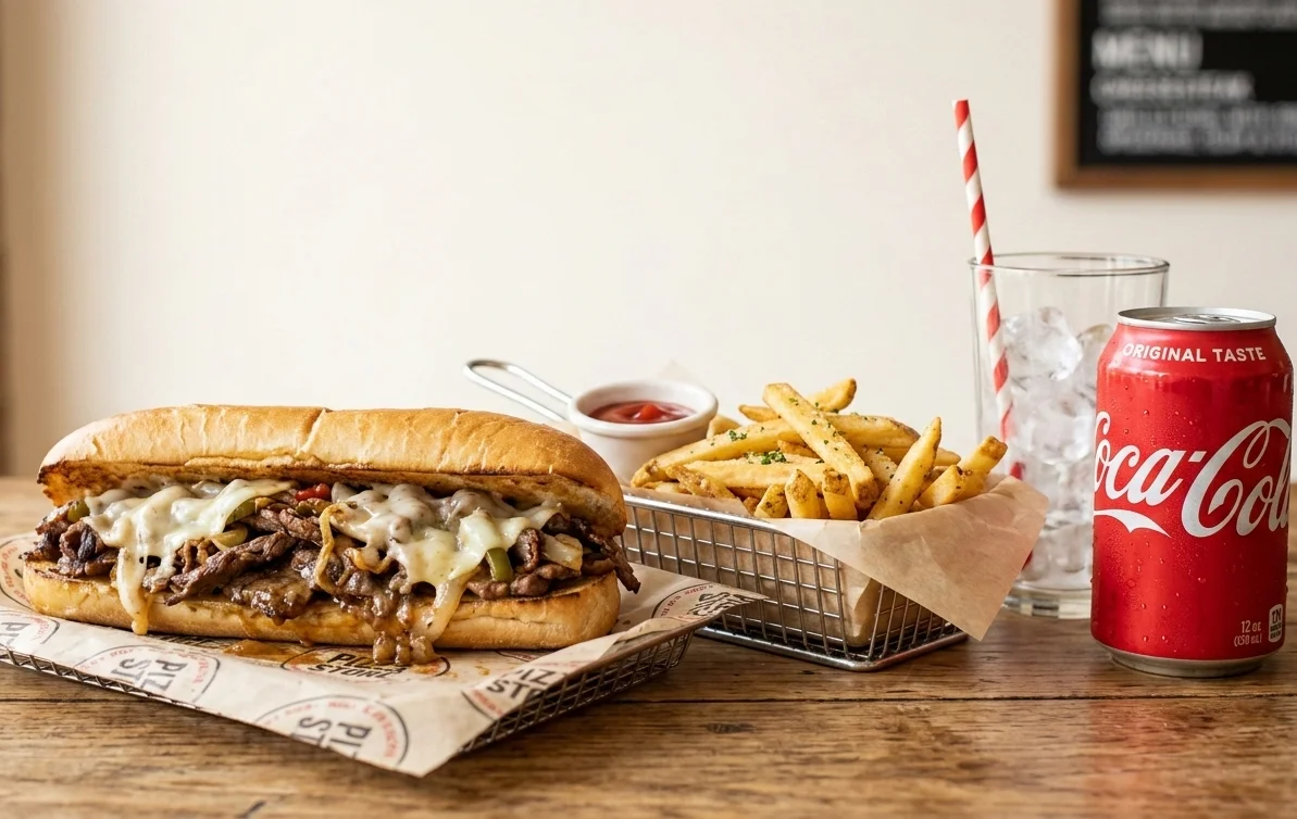 Philly cheesesteak sandwich with fries and soda