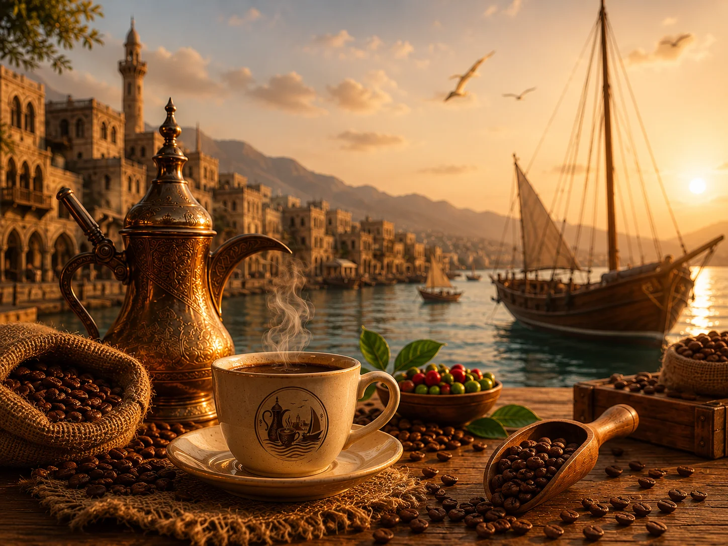 A steaming cup of coffee with a scenic waterfront view at sunset.