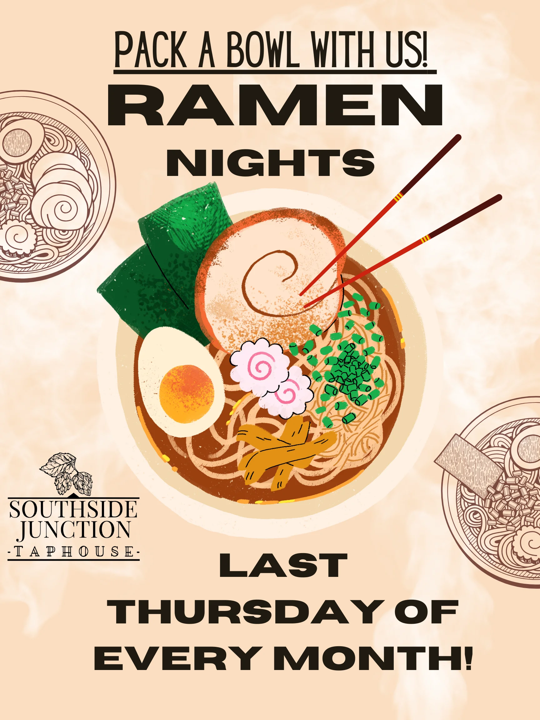 Japanese ramen bowl with toppings and chopsticks