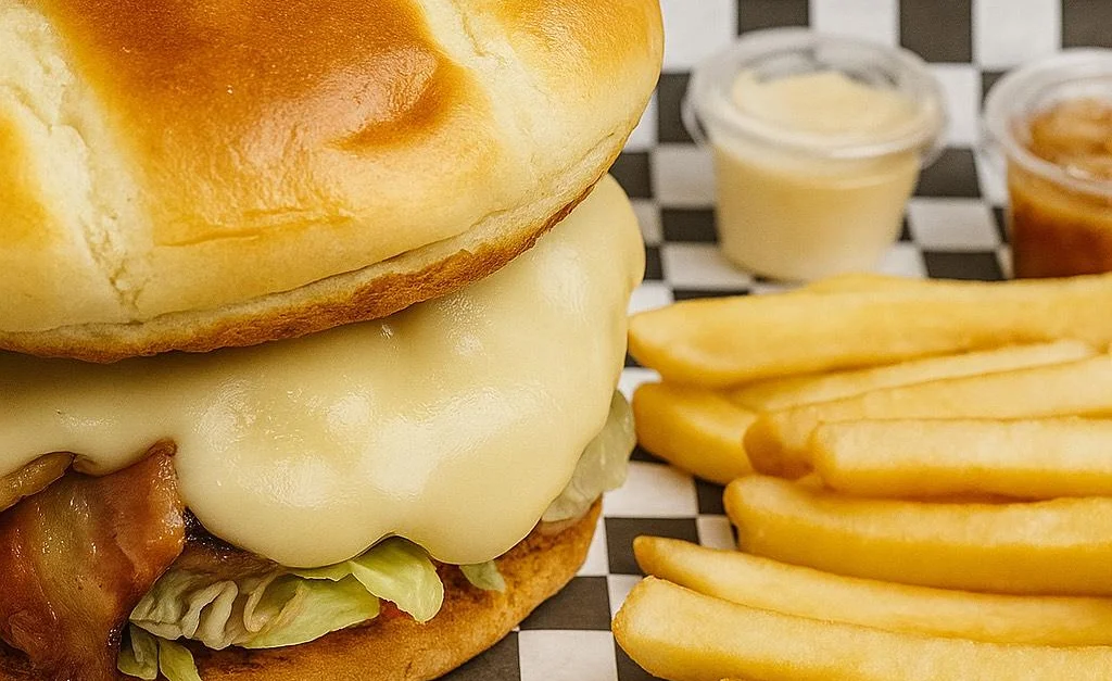 Delicious chicken sandwich with egg and fries
