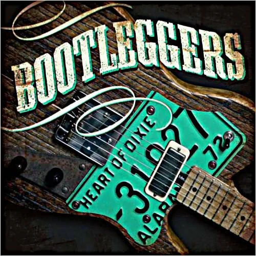 Vintage guitar with a license plate design, titled 'Bootleggers'.