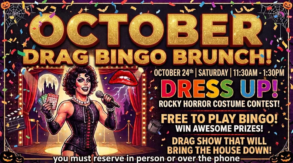 Colorful October drag bingo brunch event poster with theatrical performer and Halloween decorations