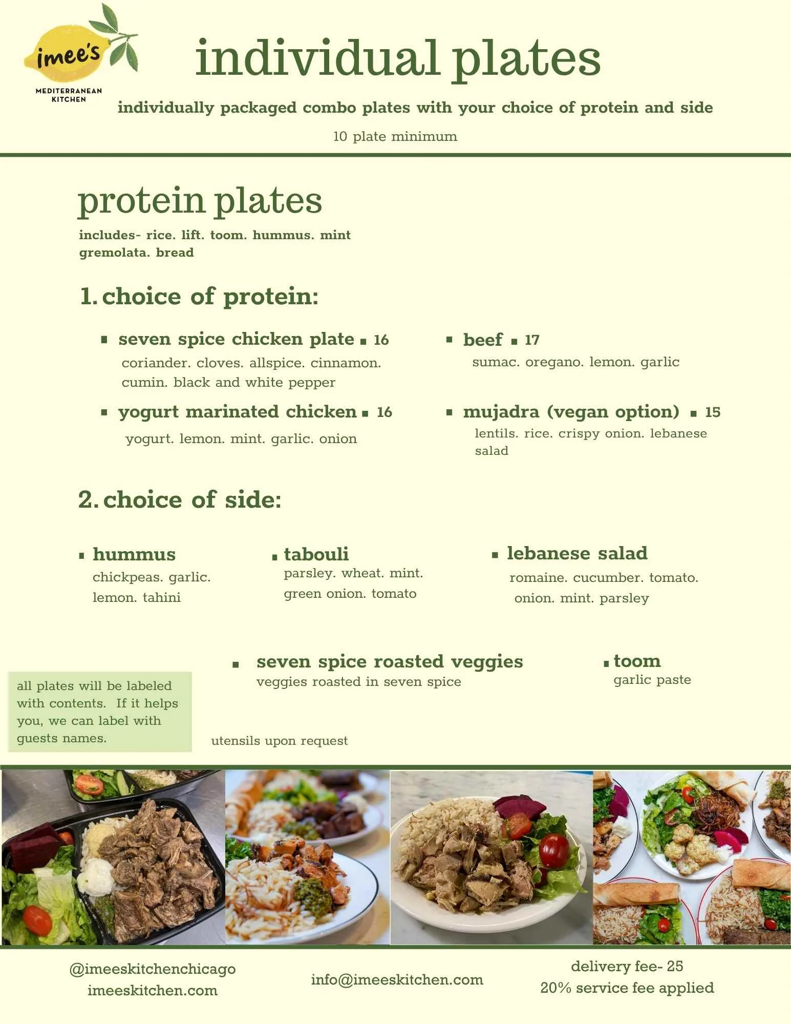 Mediterranean individual plates with seven spice chicken and sides