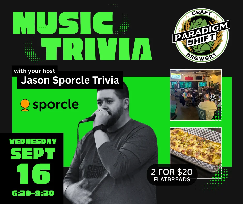 Trivia night at a brewery with flatbreads and lively atmosphere