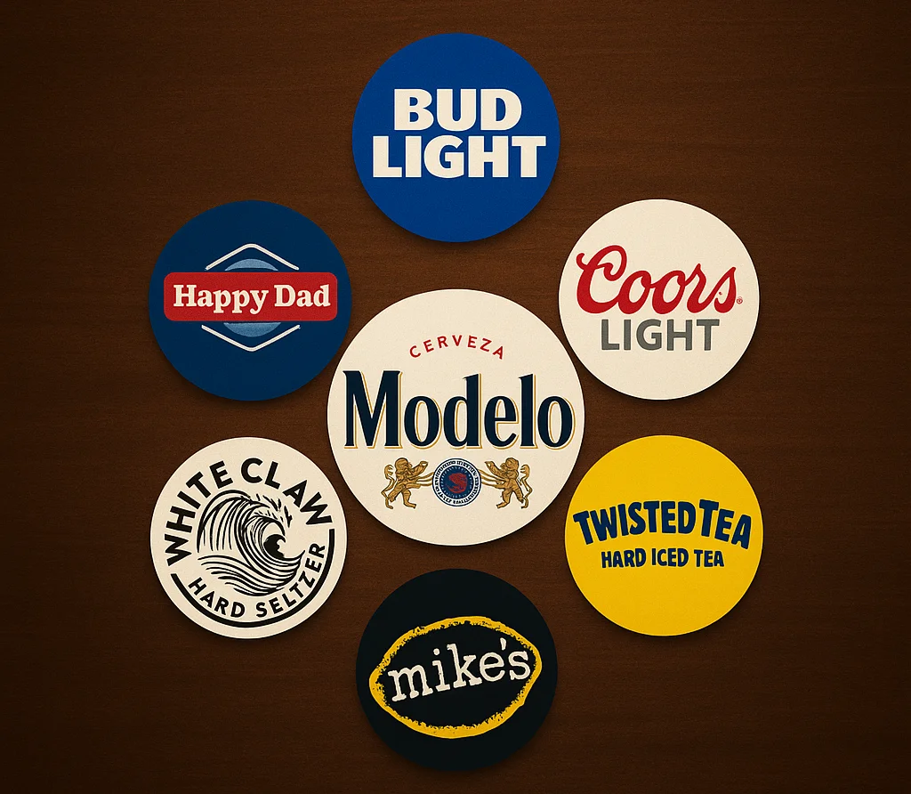 Collection of popular beverage coasters on a wooden table