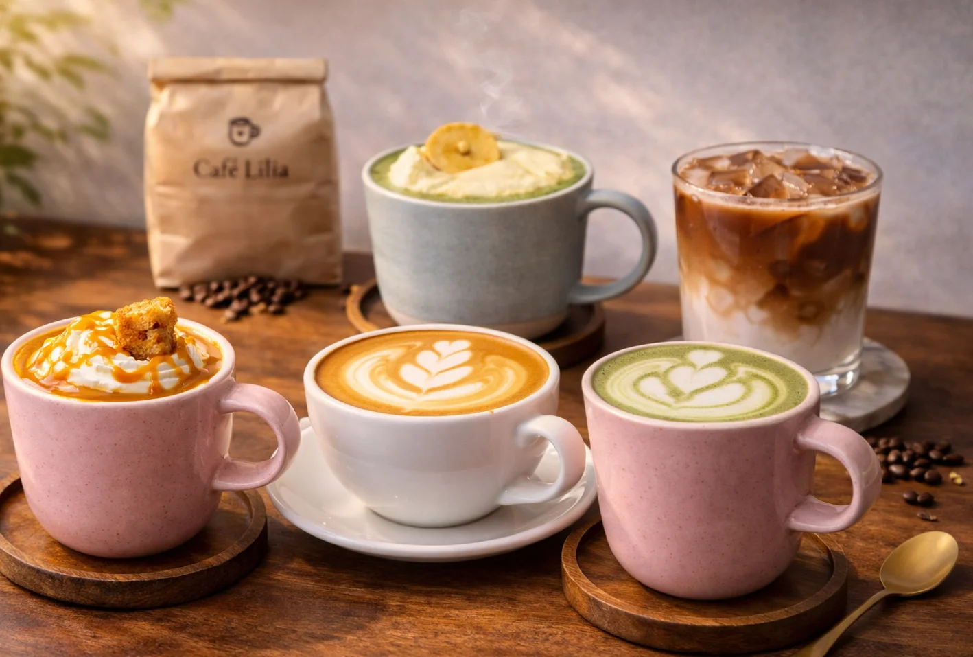 Artisan coffee drinks in colorful cups at a cozy café