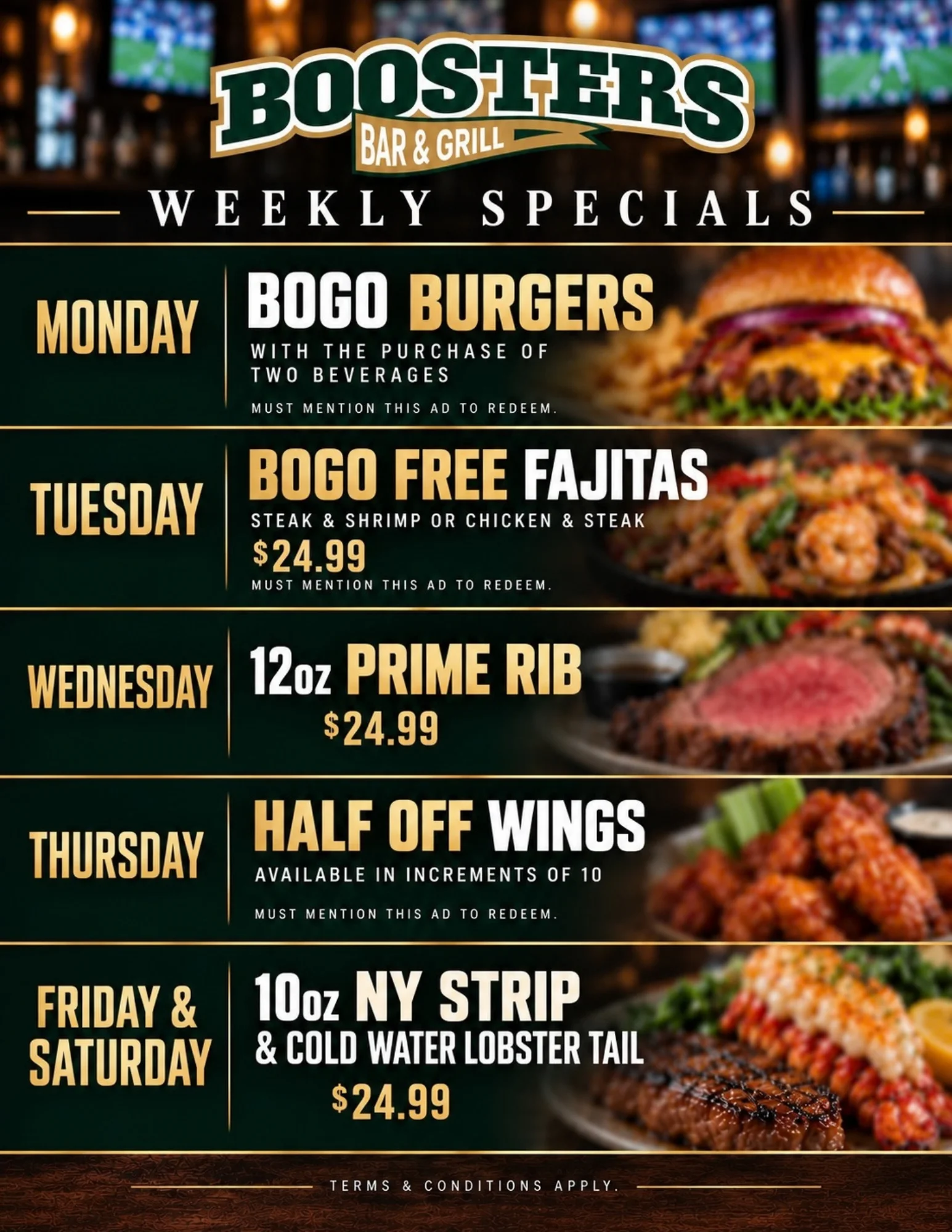 Restaurant weekly specials graphic with burgers, fajitas, steak, wings, and lobster