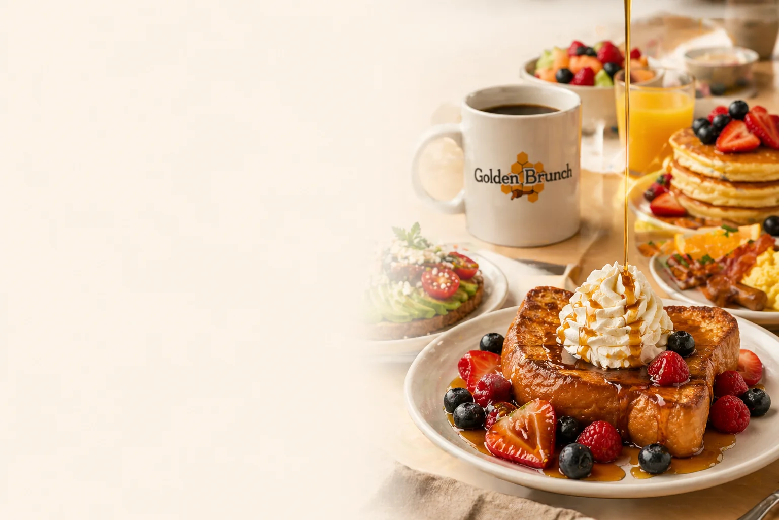Delicious brunch spread with French toast, pancakes, and coffee.