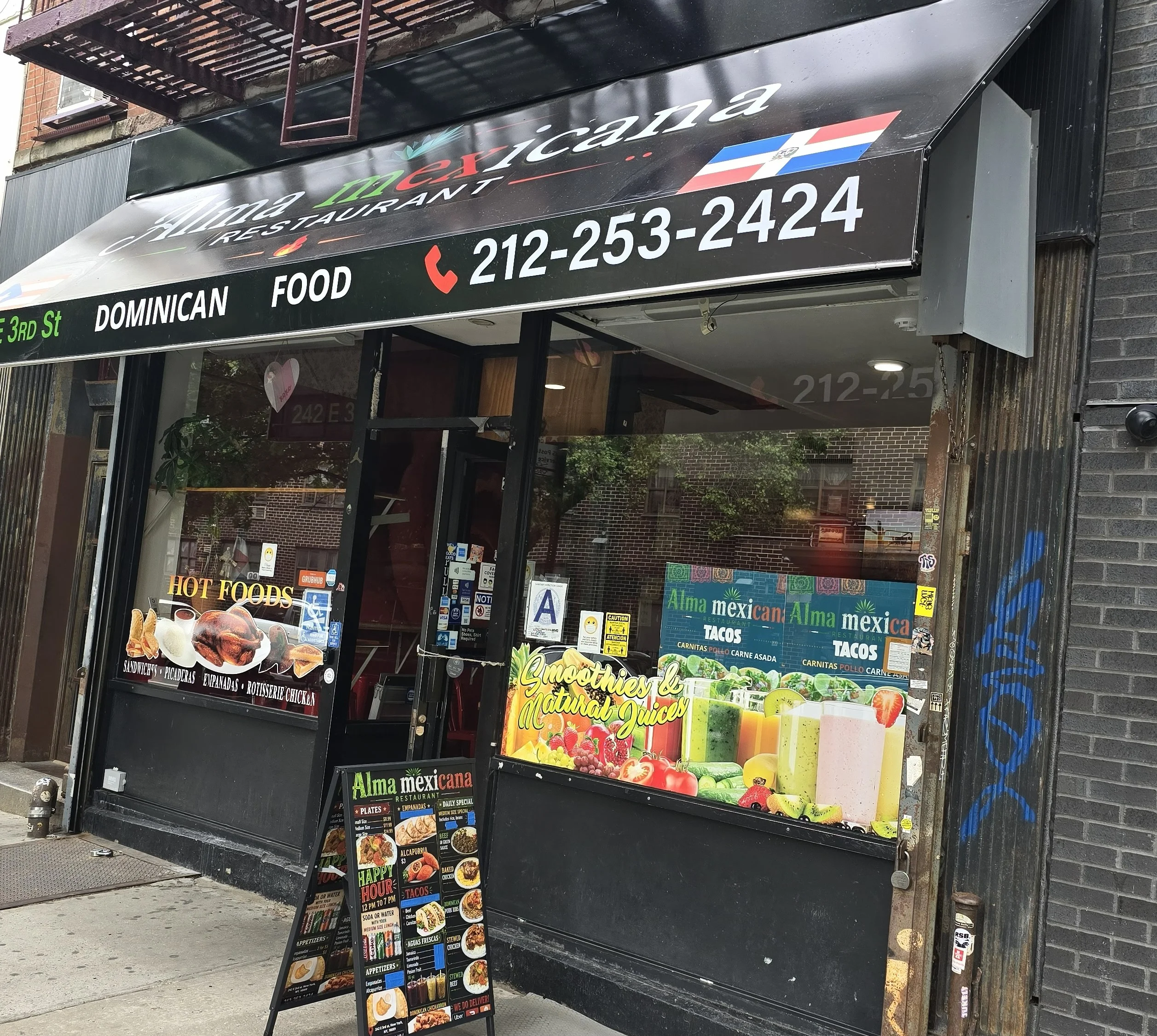 Dominican restaurant exterior with vibrant signage