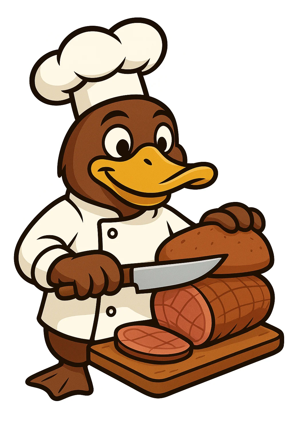 A cartoon character in a chef's hat holding a burger, promoting delicious sandwiches with a catchy slogan.
