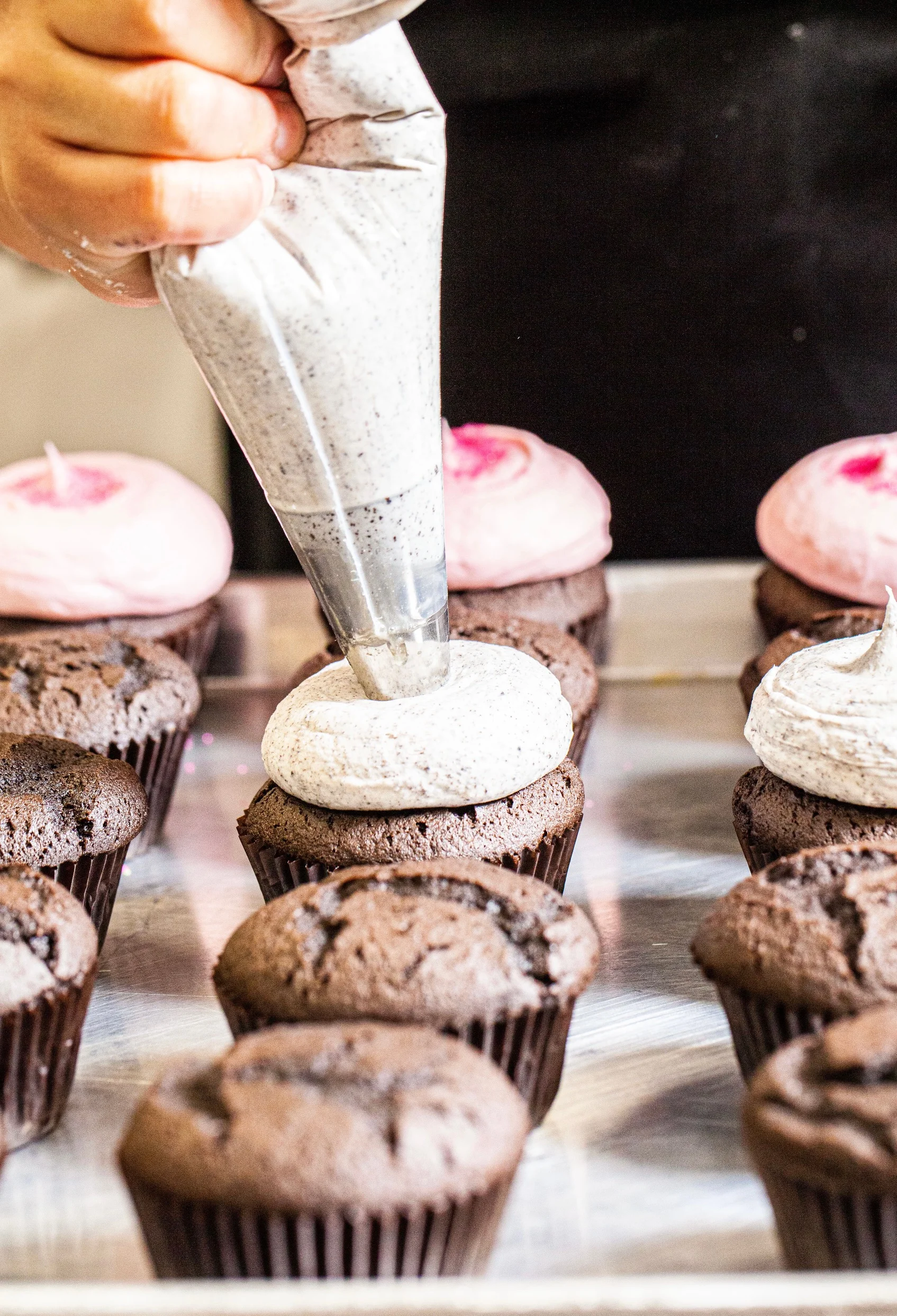 Baker piping frosting on chocolate cupcakes
