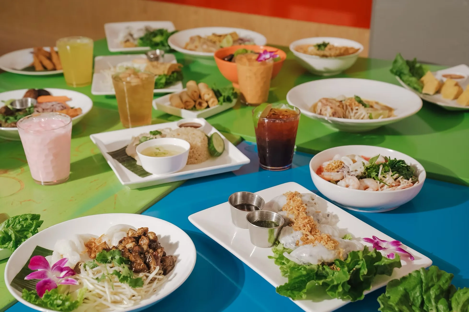 A vibrant restaurant interior with colorful decor and inviting seating.