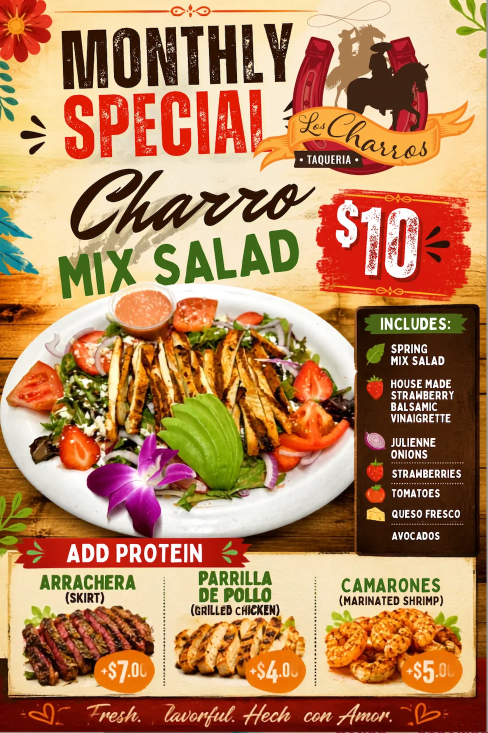 A vibrant molcajete dish with various meats and vegetables served in a stone bowl.