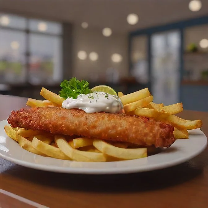 Crispy fish and chips served with tartar sauce
