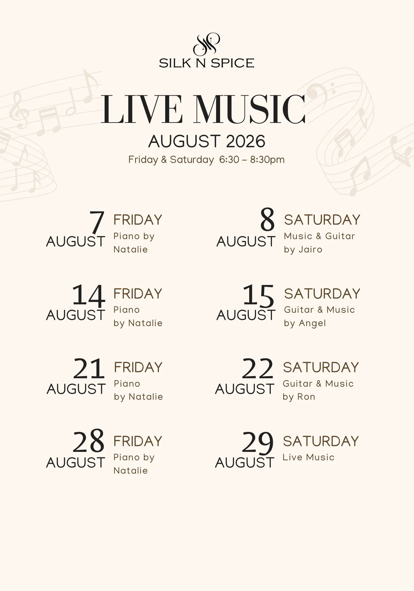 Promotional poster for live music event at a restaurant.