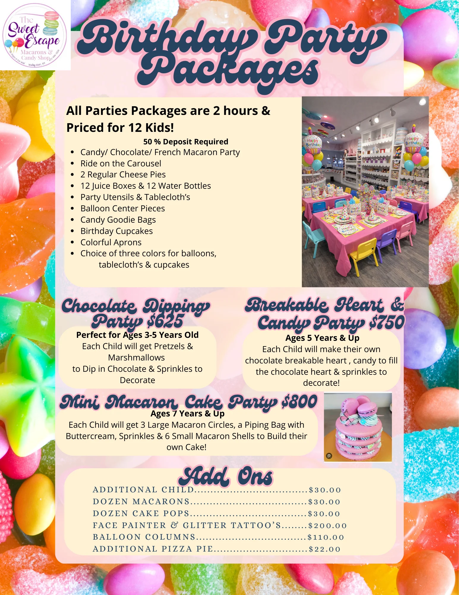 Colorful birthday party packages for kids with macaron themes