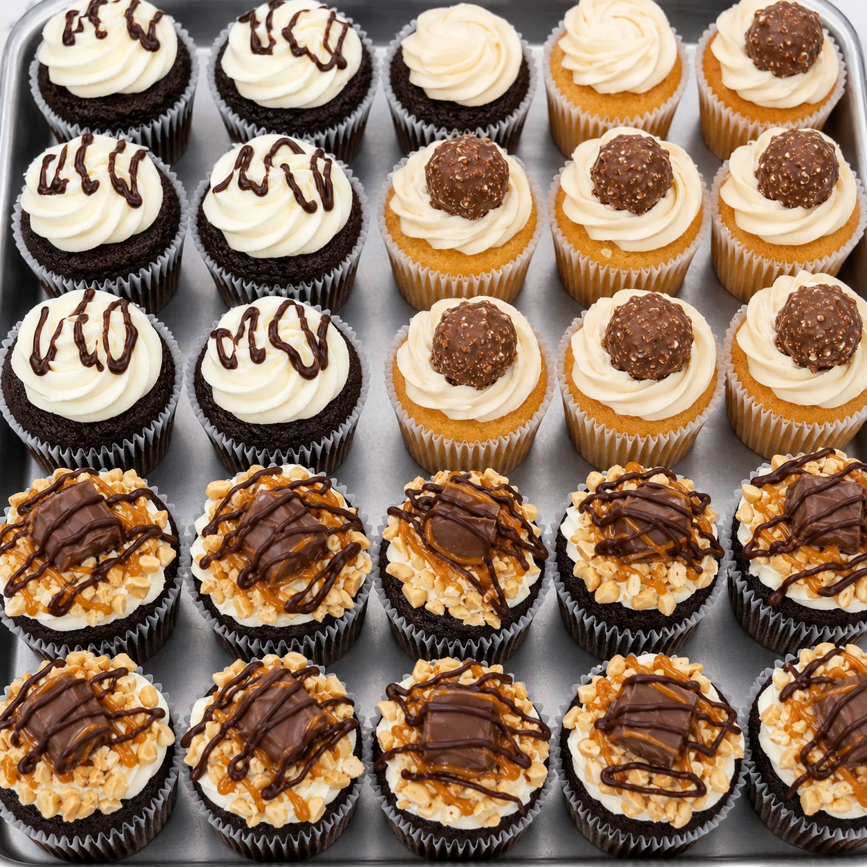 Assorted gourmet cupcakes in a decorative tray