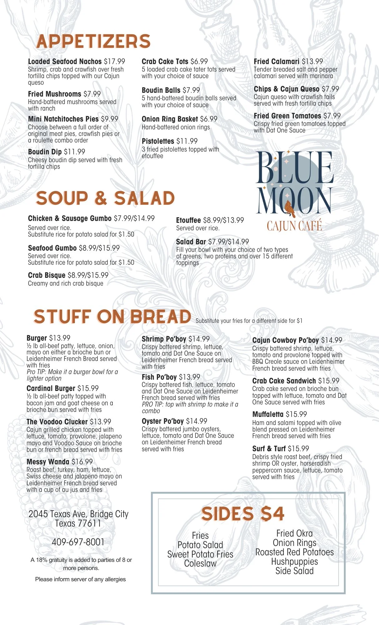 Cajun seafood menu featuring gumbo and po'boys