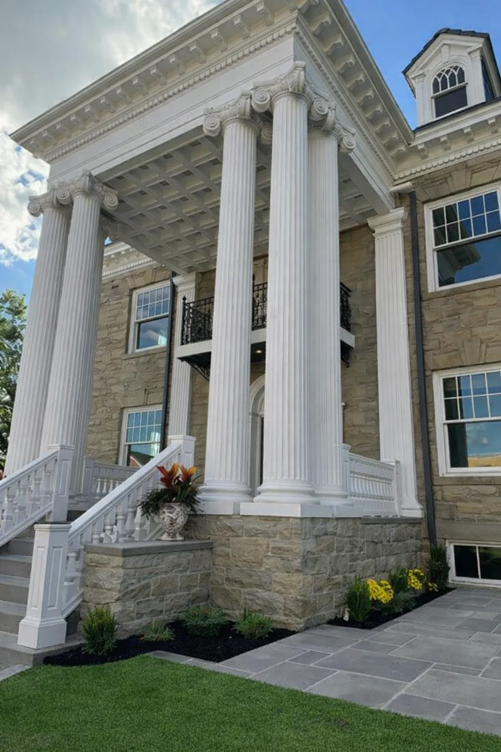 A majestic exterior of a large stone building with a grand entrance supported by tall columns, showcasing classical architectural elements.