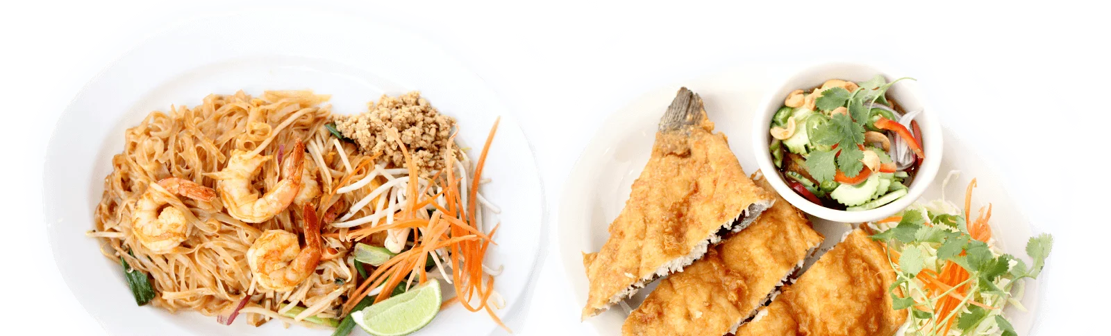 Delicious Thai pad thai with shrimp and crispy fried fish