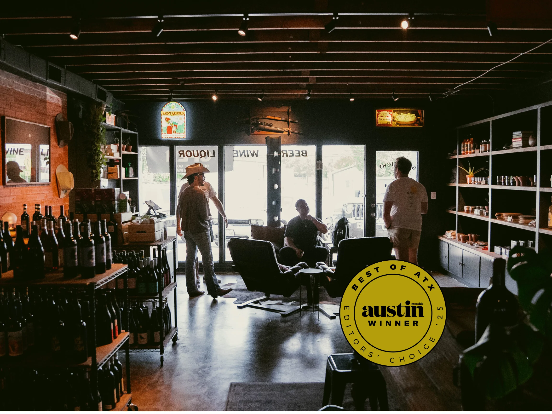 Cozy restaurant interior with wine and liquor displays