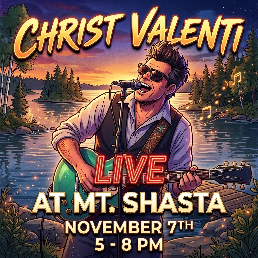 Illustrated live music event poster with guitarist performing beside a lake