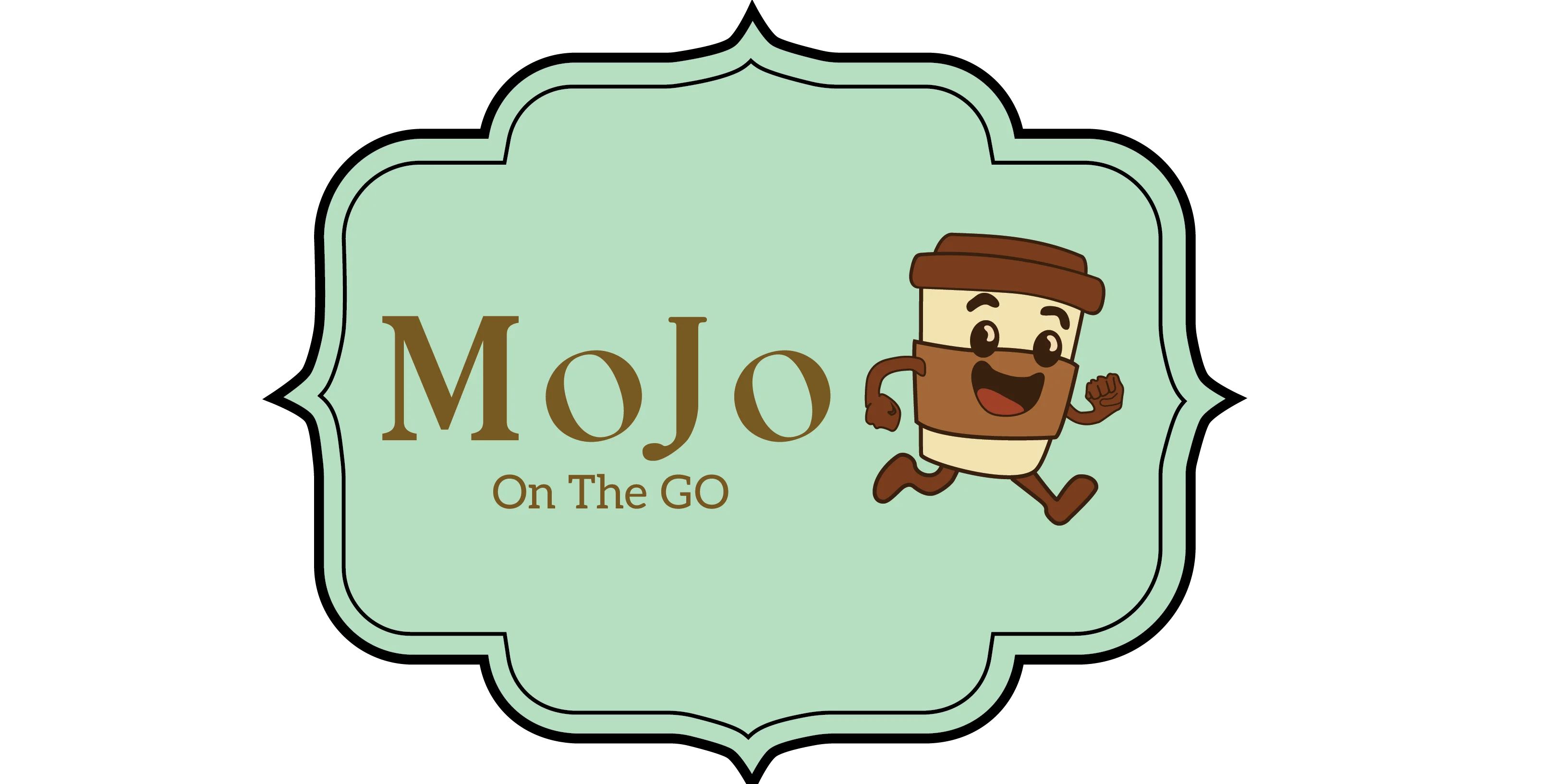 MoJo On The Go logo featuring a cheerful coffee cup character