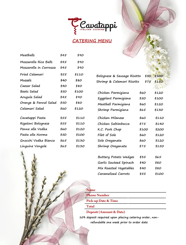 Cavatappi Italian catering menu featuring diverse dishes