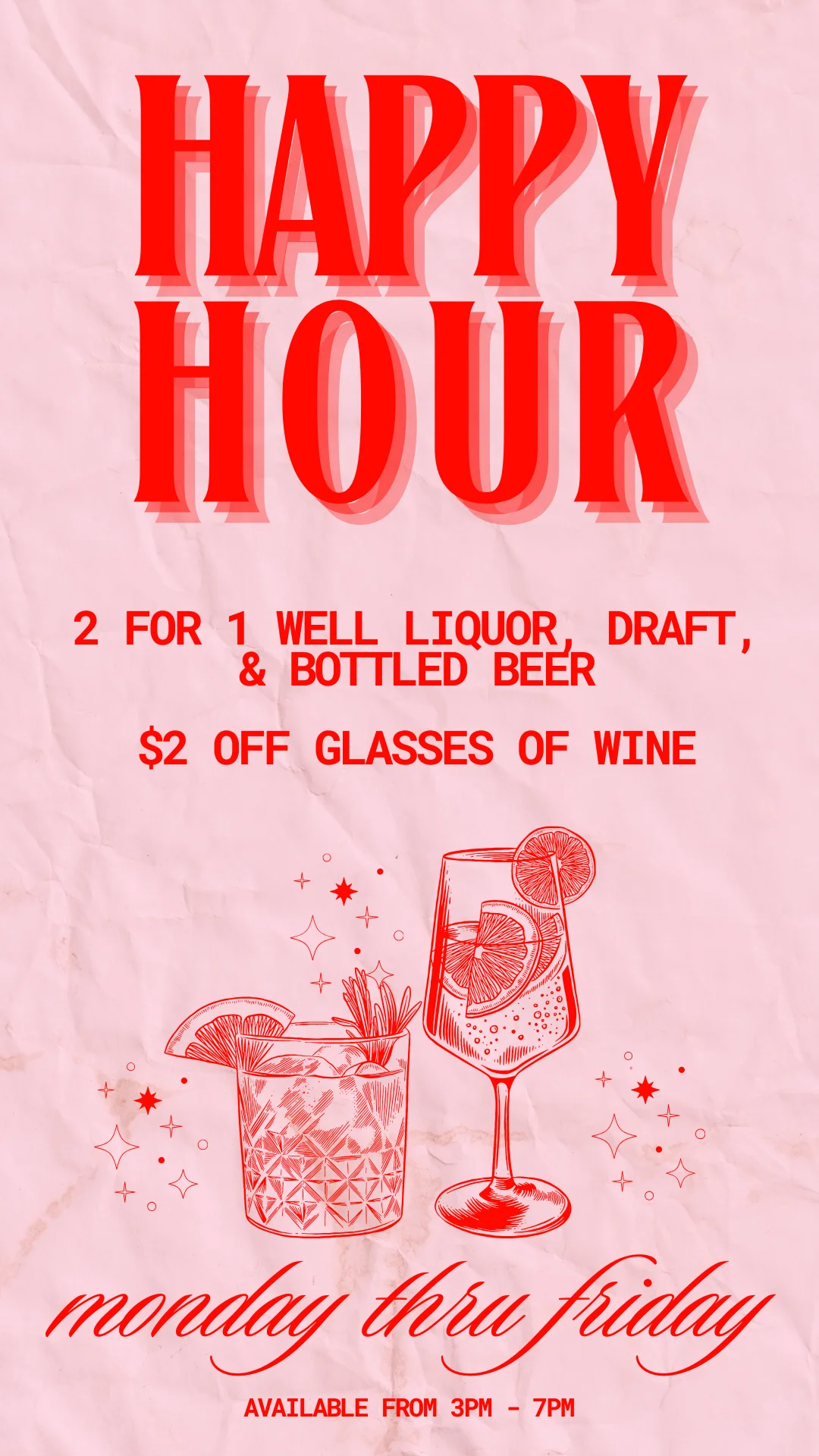 Happy hour promotion with cocktails and wine discounts