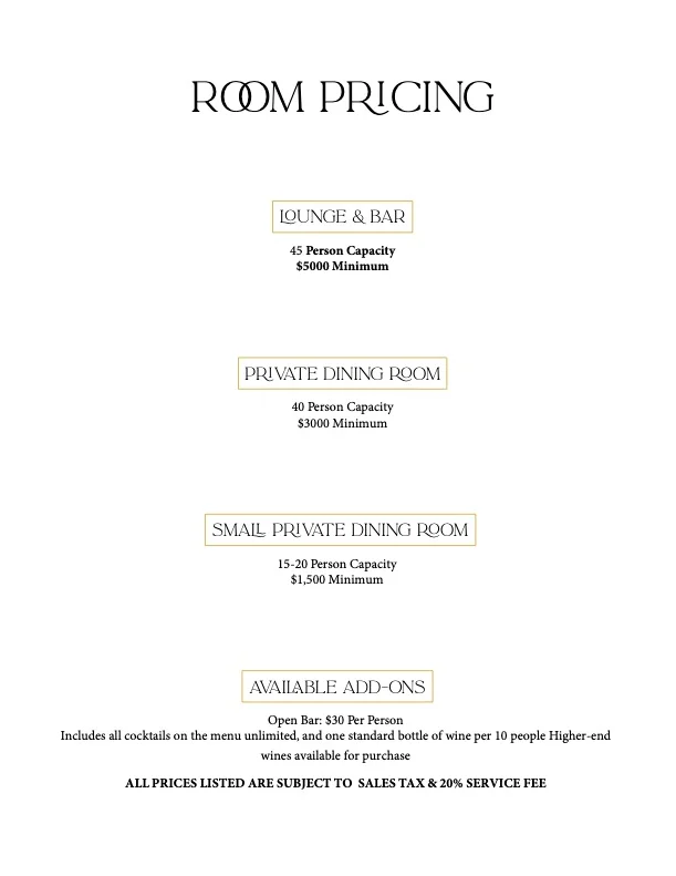 Room pricing details for event spaces in a modern restaurant