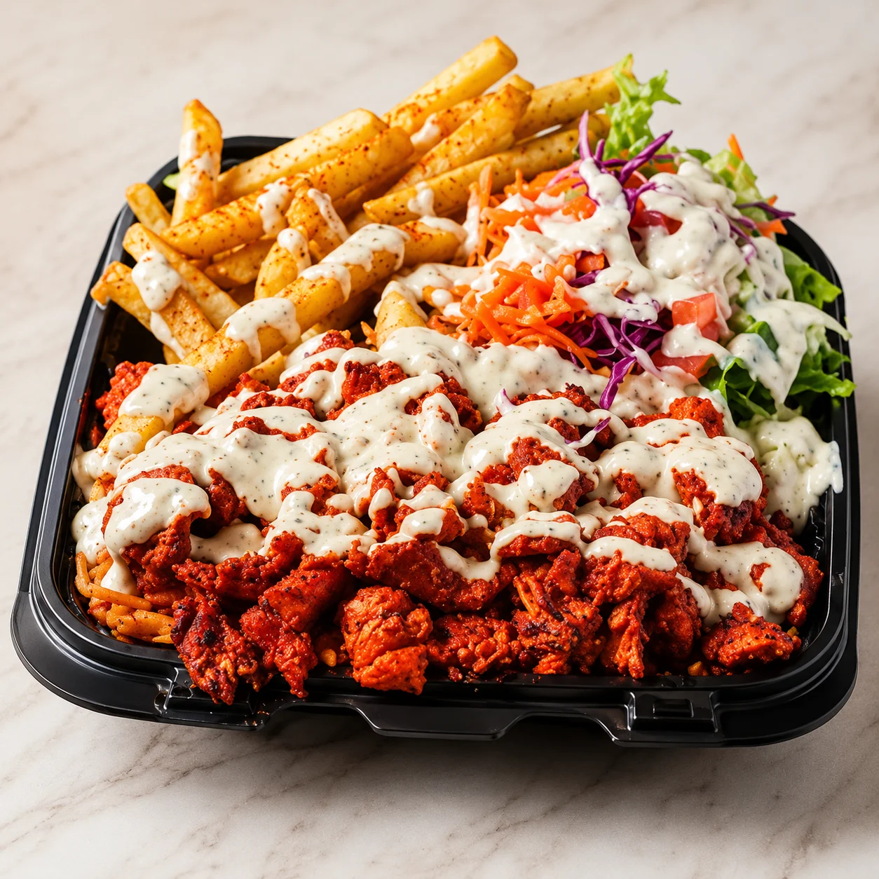 A food tray filled with spicy chicken, drizzled with sauce, alongside crispy fries and a fresh salad.