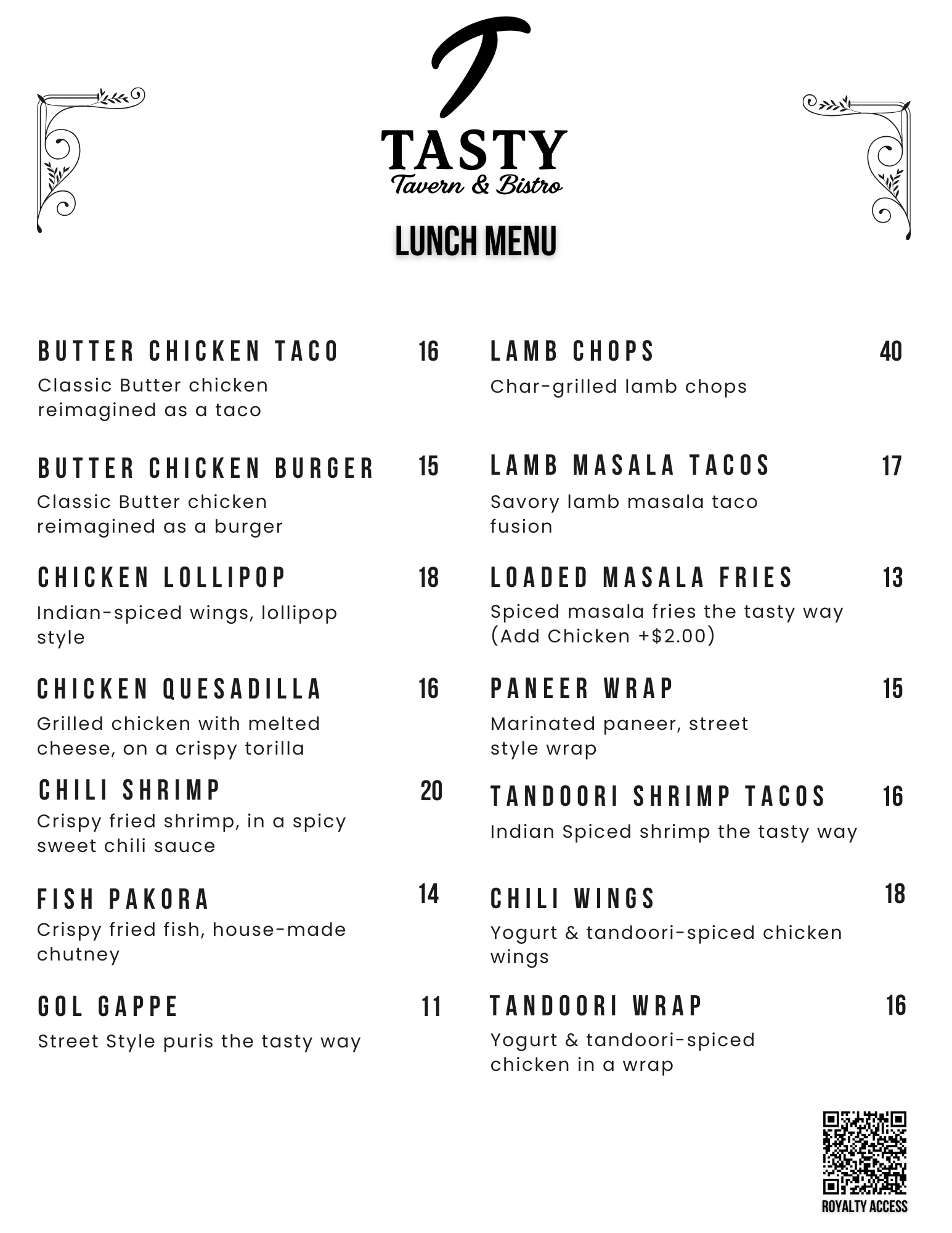 Lunch menu featuring Indian-inspired dishes at Tasty Tavern & Bistro