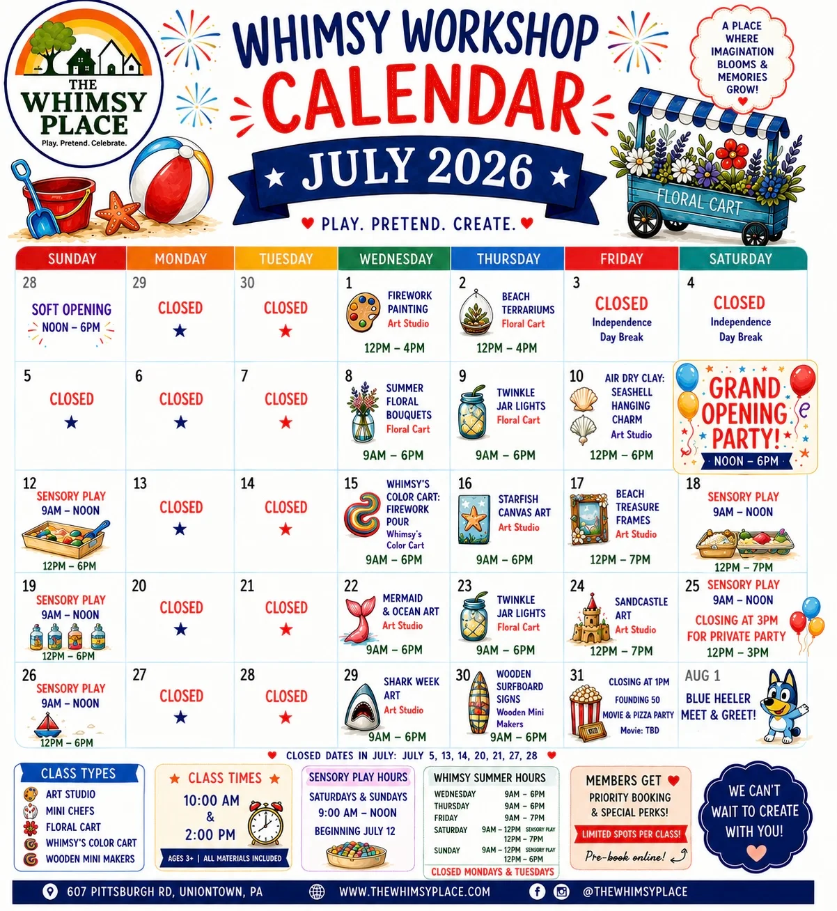A detailed calendar for a whimsical workshop, listing activities and class times across the month of July with festive graphics.