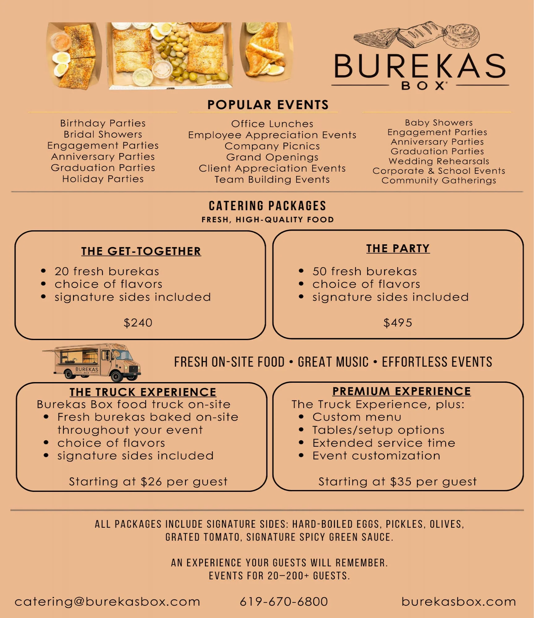 Catering menu for Mediterranean burekas with various flavors