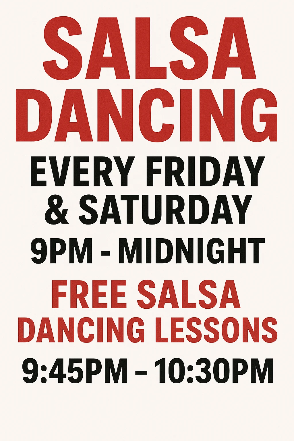 Salsa dancing event poster with schedule details
