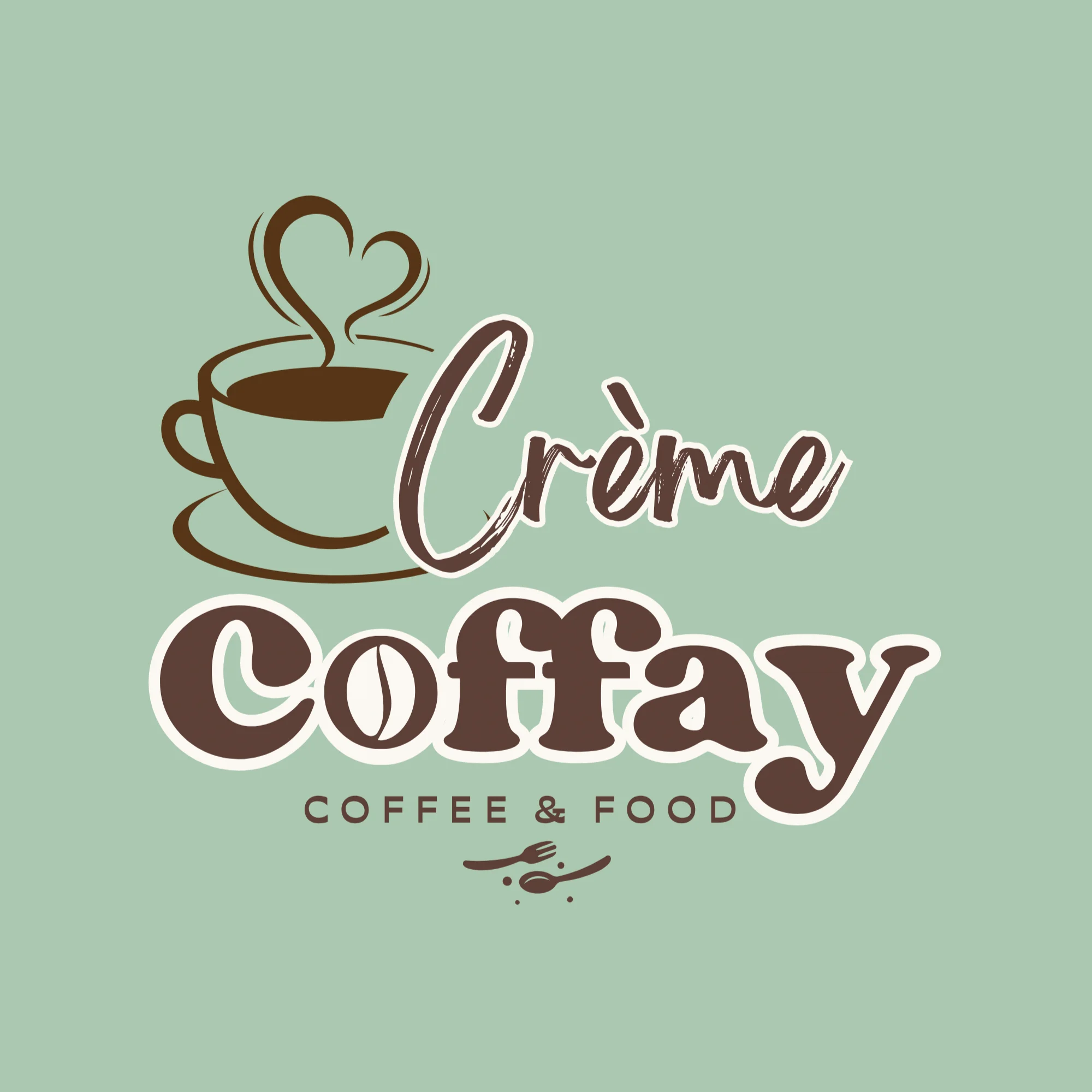 A stylized logo featuring a coffee cup with steam and the name 'Crème Coffay' in an inviting design, set against a light green background.