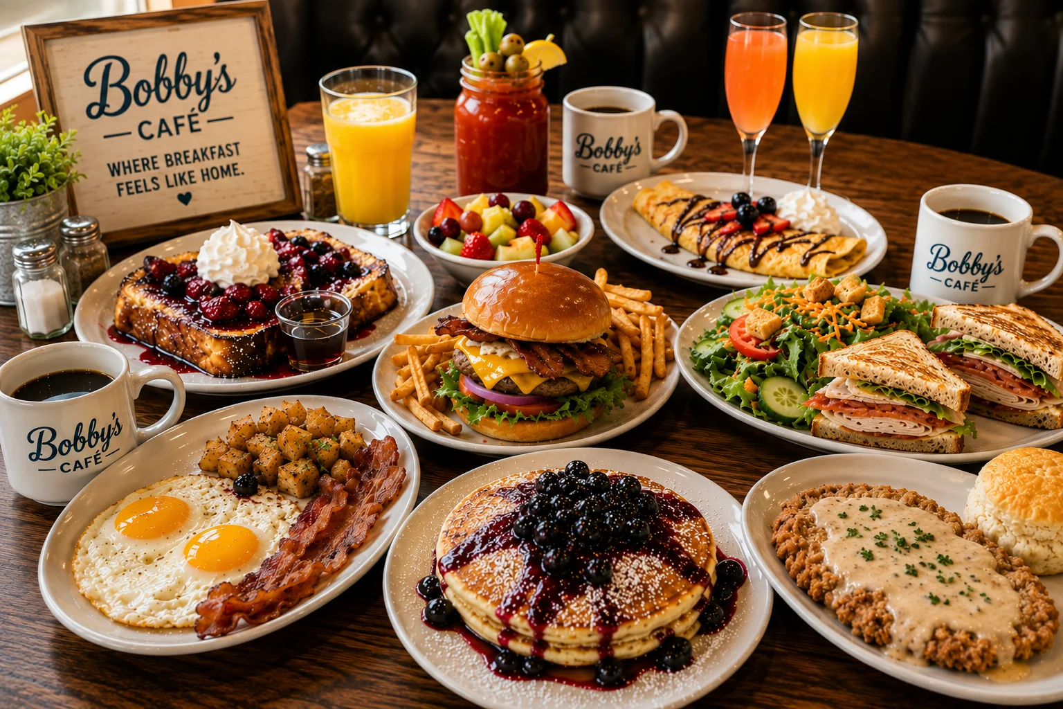 Hearty American breakfast spread with pancakes and burgers