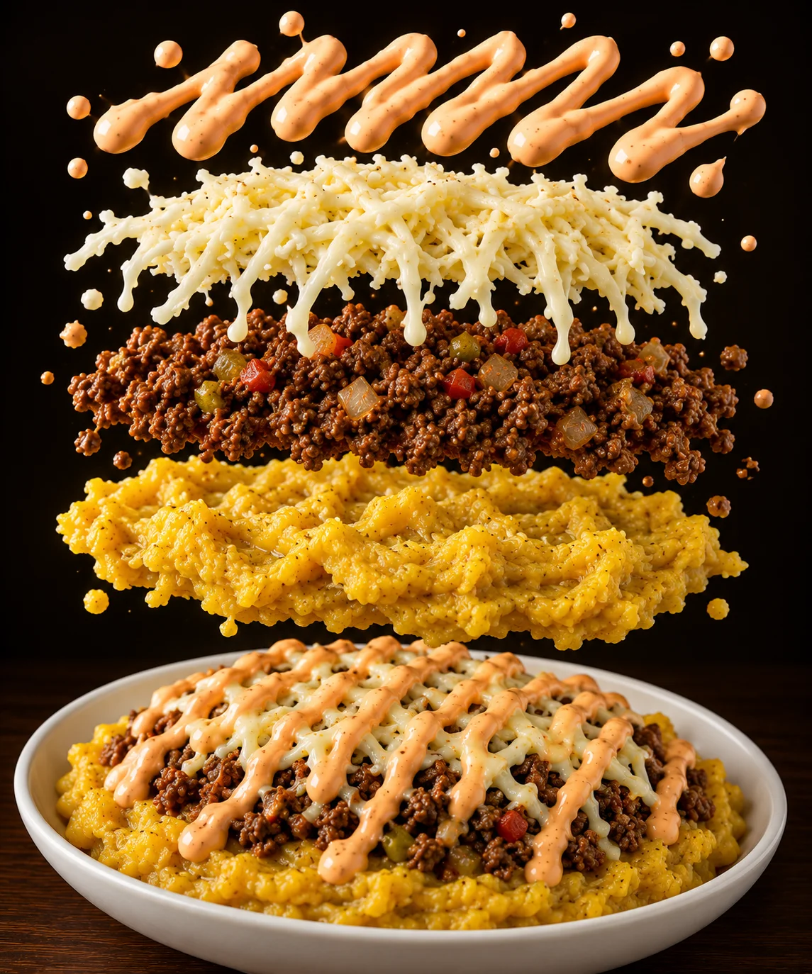 A colorful layered dish featuring ground meat, sauces, and toppings arranged in an artistic manner above a base of yellow rice or grains.