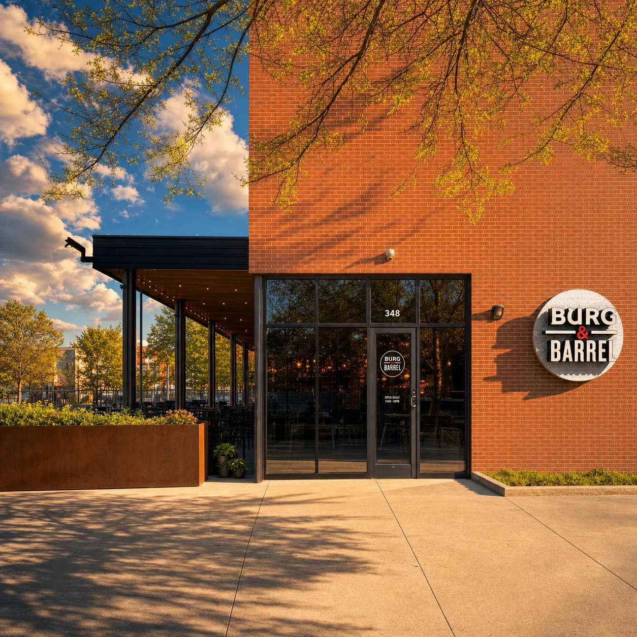 Modern restaurant exterior with inviting patio seating