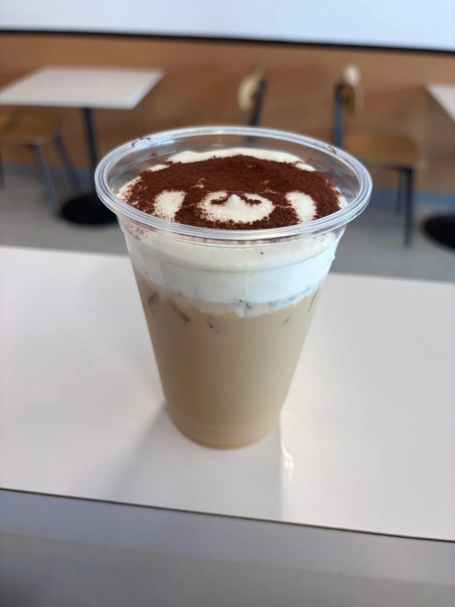 Iced coffee topped with whipped cream and cocoa powder