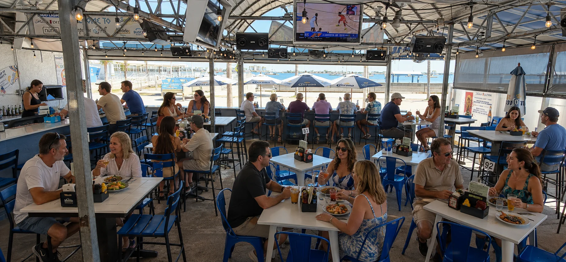 Exterior view of Neptune Grill, a Greek restaurant with vibrant blue decor