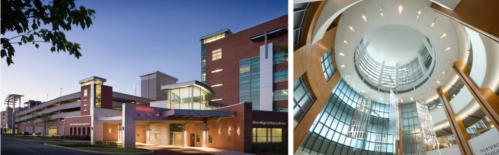 Modern hospital exterior and atrium with glass architecture