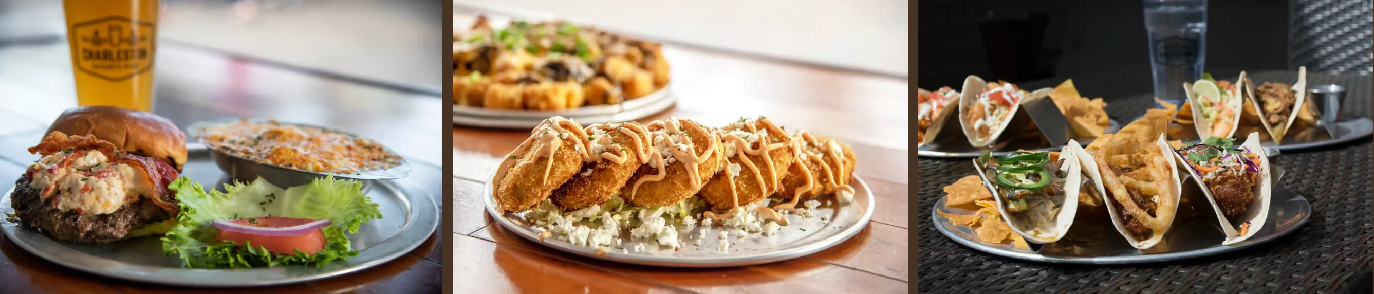 Gourmet burgers, tacos, and appetizers in a vibrant restaurant setting