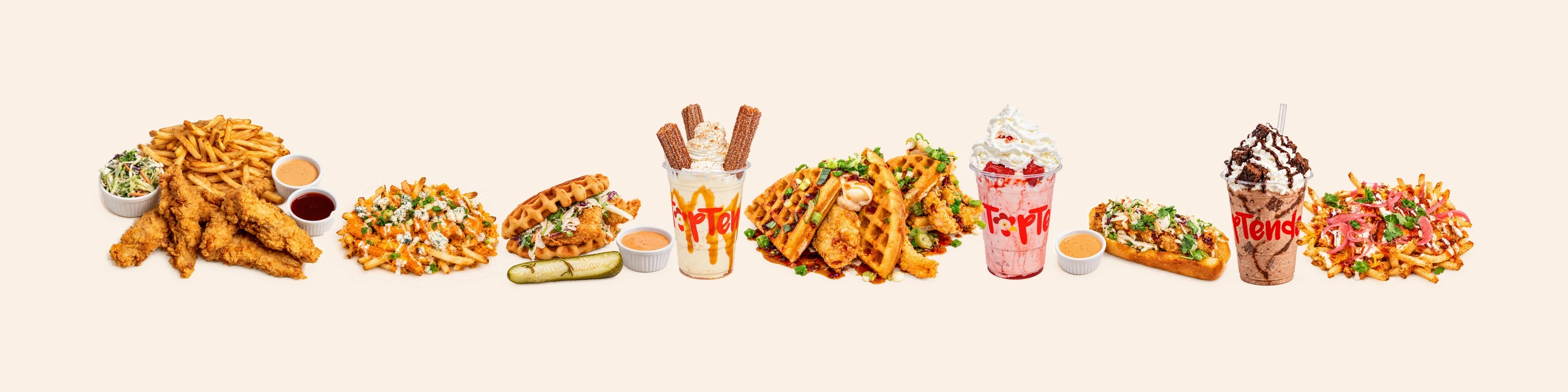 Crispy chicken tenders, fries, waffle sandwiches, loaded fries and shakes from Top Tenders